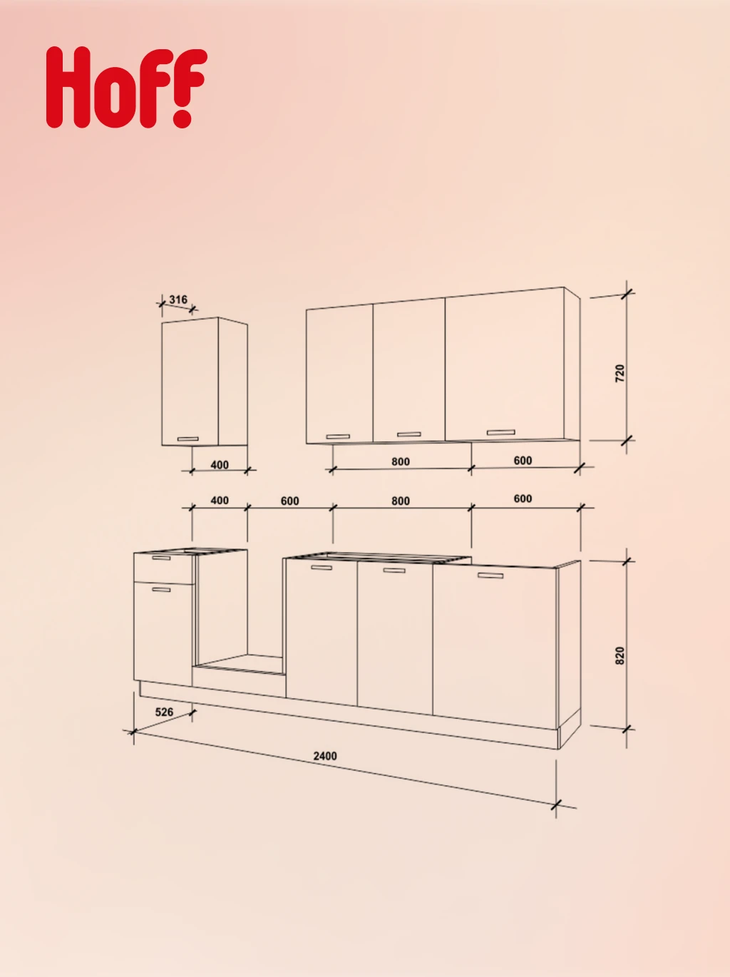 Кухонный гарнитур Hoff Мишель 2,4 м, 240х210х60 см, цвет голубой, белый
