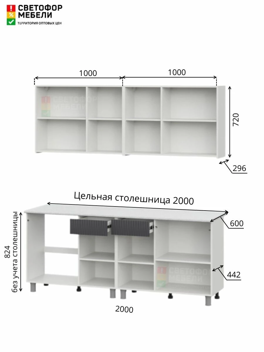 Кухонный гарнитур София, Гренто, Амилия МДФ/ЛДСП 2м белый, графит со столешницей